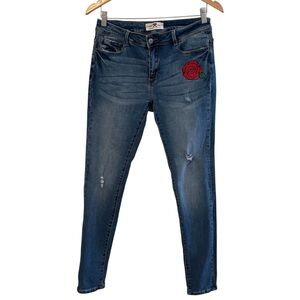 Hammer elegant Blue Skinny Jeans with Red Rose Detail